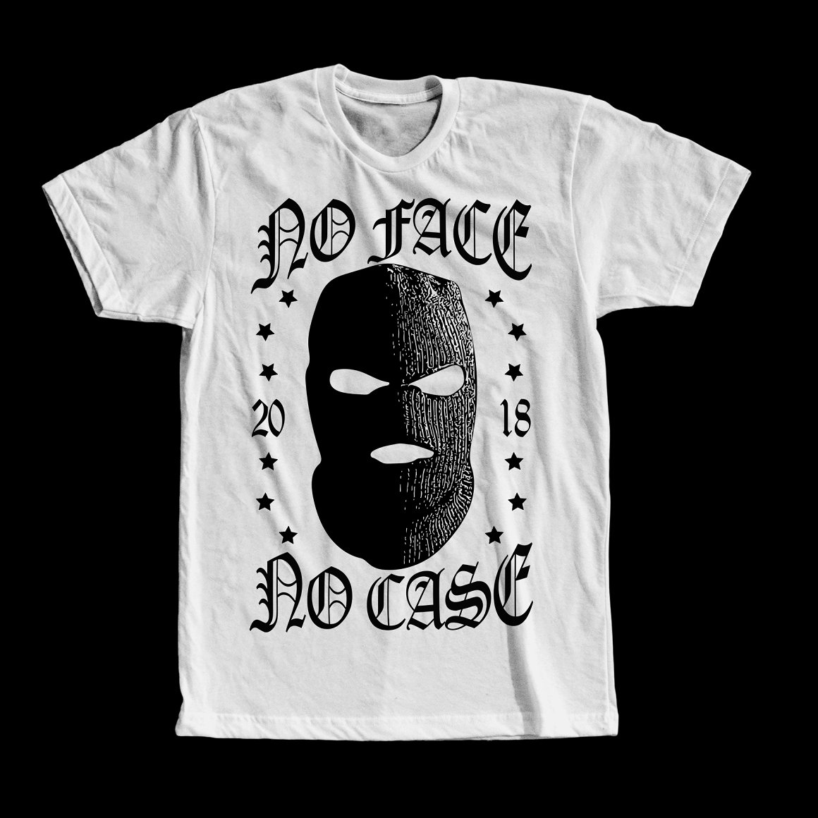 White t-shirt with balaclava print.