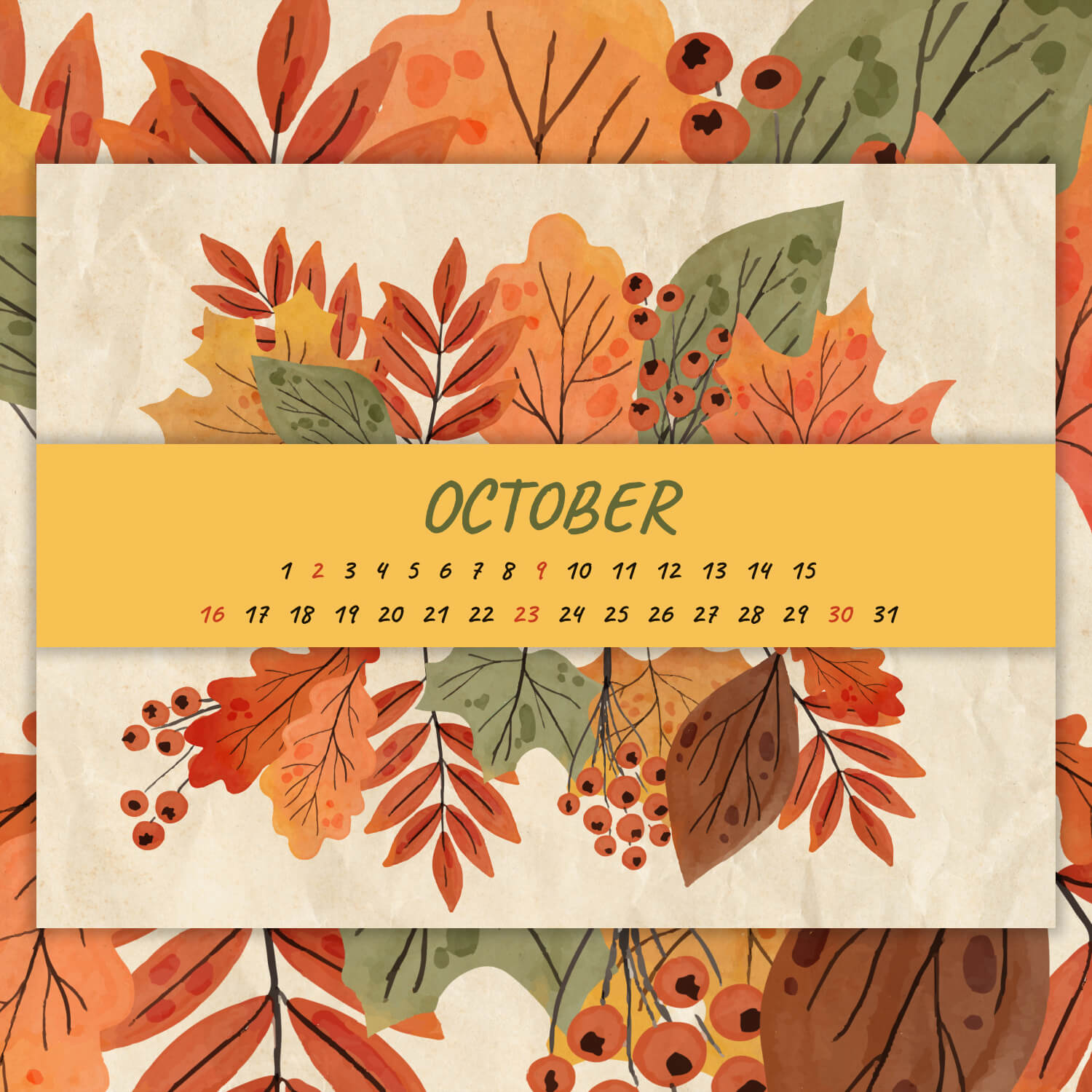 Free Leaves October Calendar