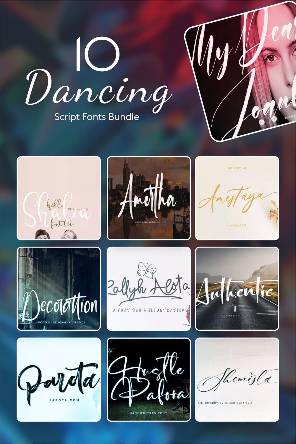 10 dancing script fonts bundle Pinterest collage image.