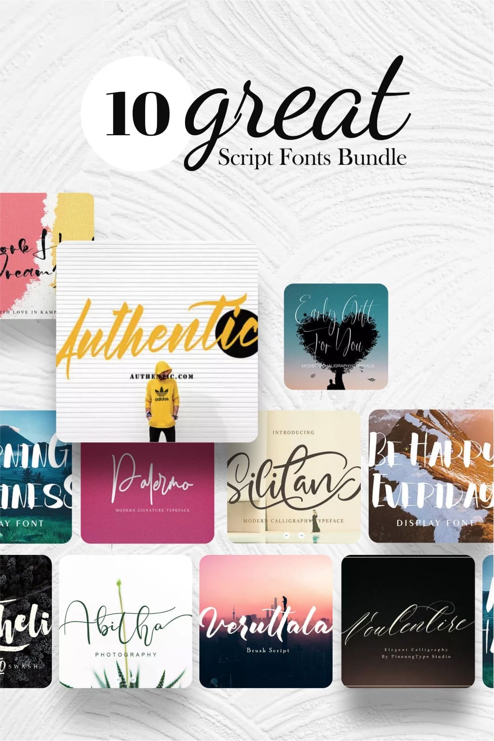 10 great script fonts bundle Pinterest collage image.