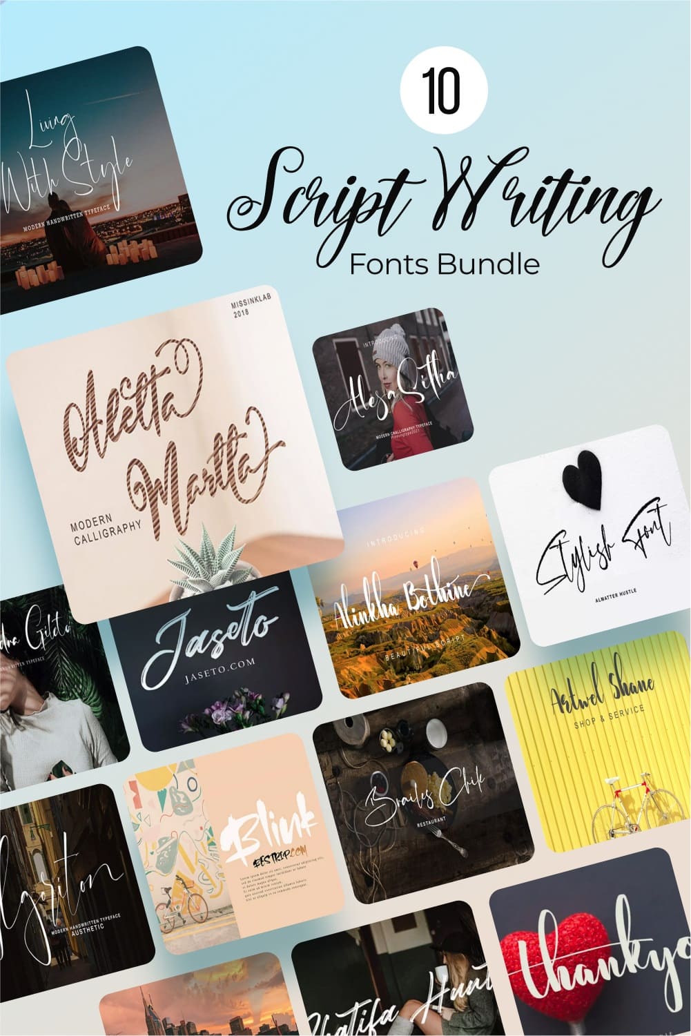10 script writing fonts bundle Pinterest collage image.