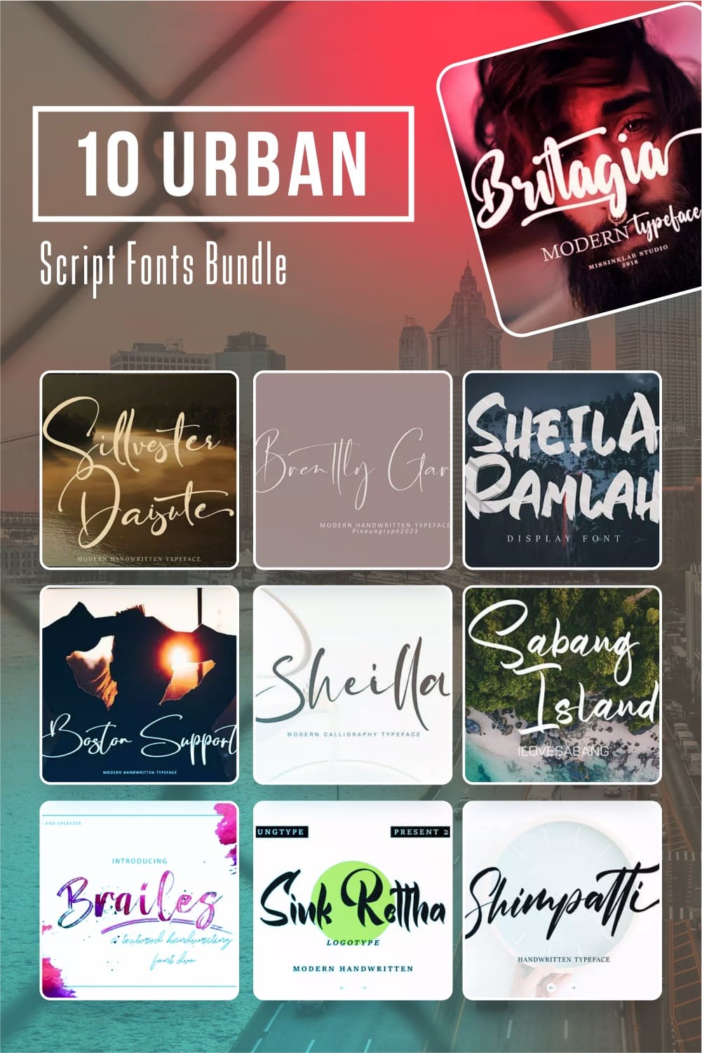 10 urban script fonts bundle Pinterest collage image.