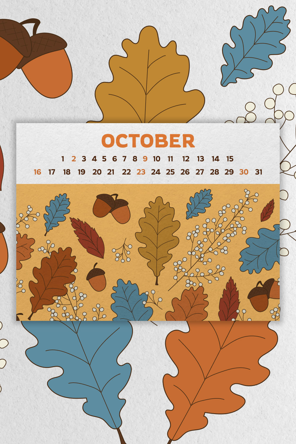 Free Editable Calendar October Acorns and Leaves Pinterest image.