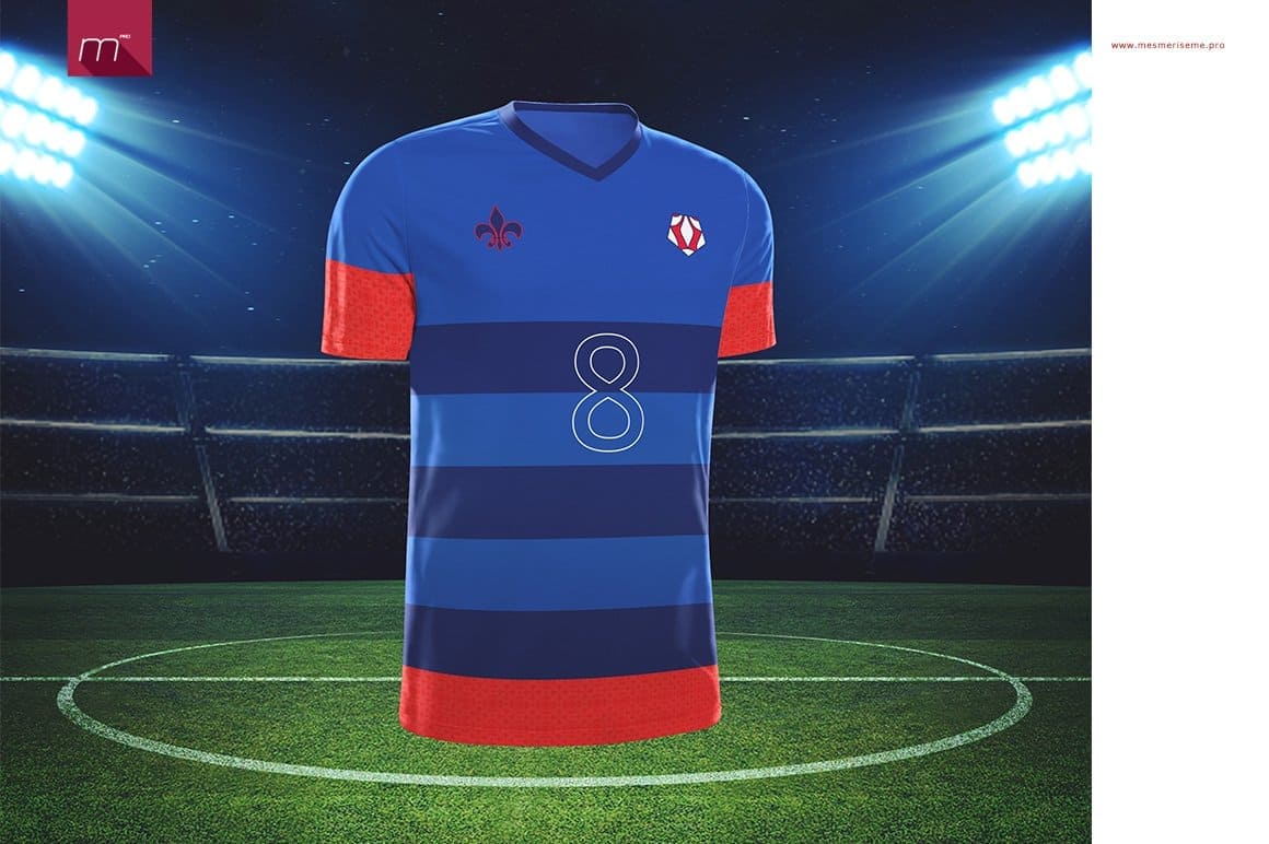 Shown is a blue t-shirt with the number eight.