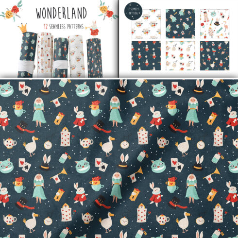 Prints of alice in wonderland set of seamless patterns.