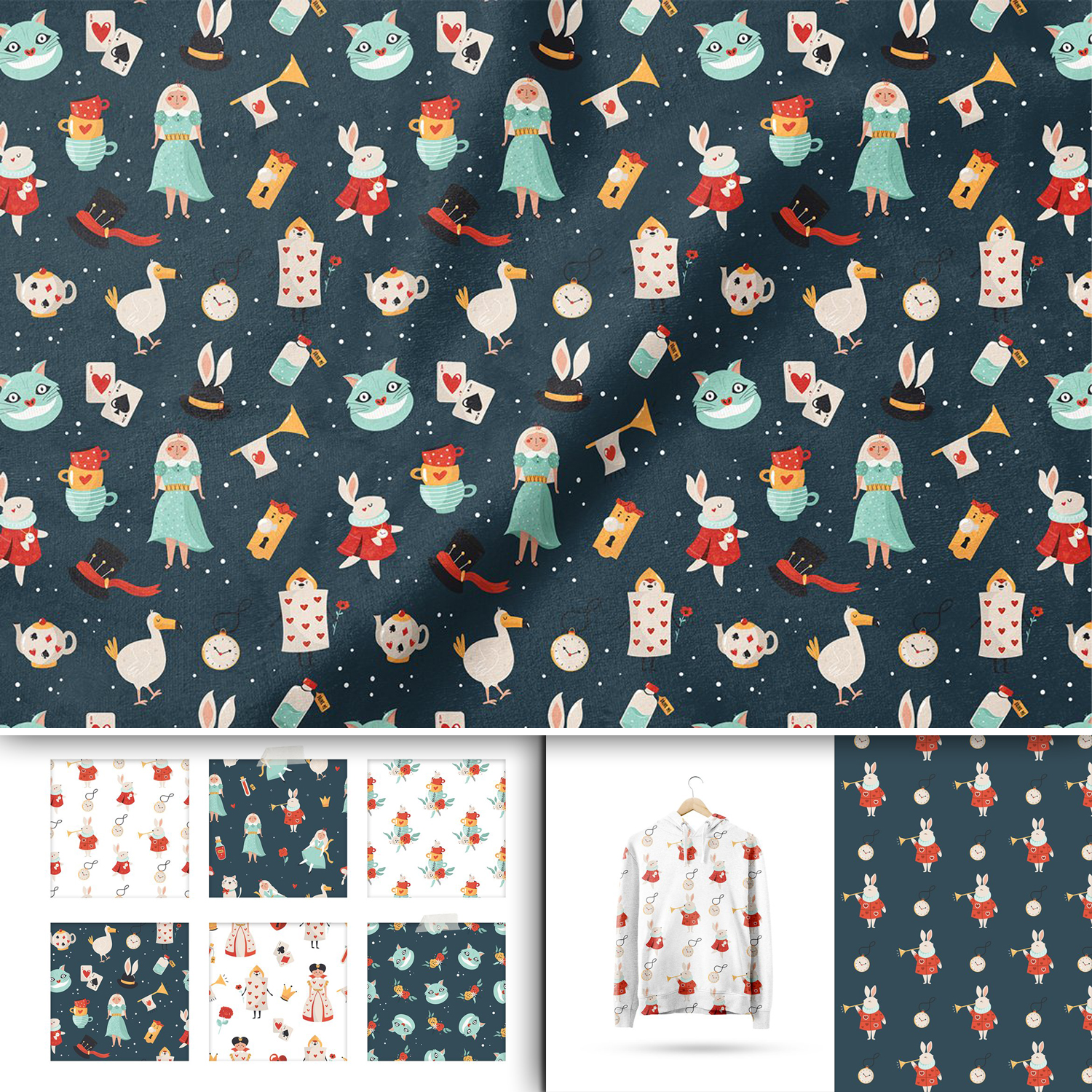 Preview alice in wonderland set of seamless patterns.