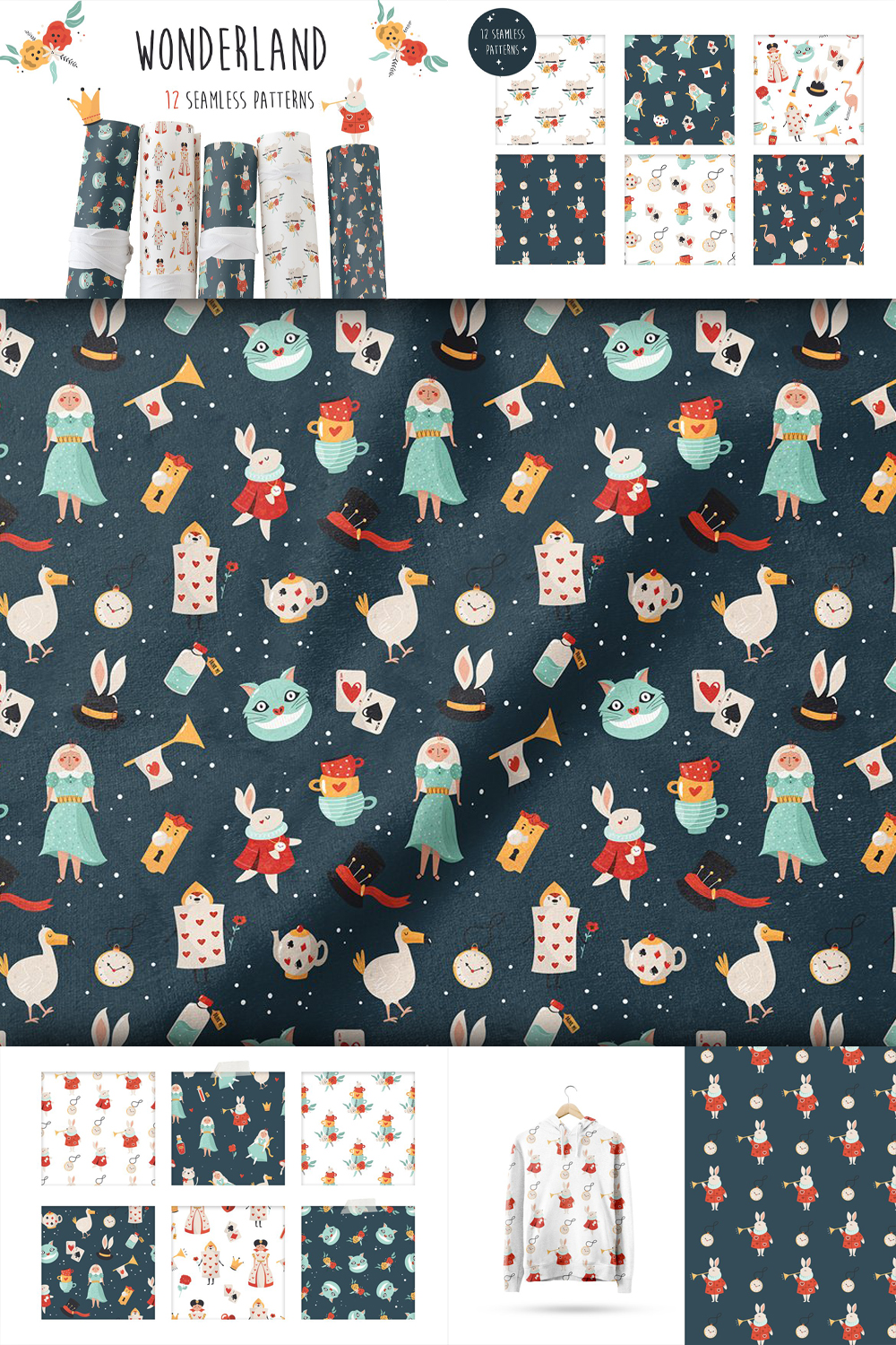 Alice in wonderland set of seamless patterns of pinterest.