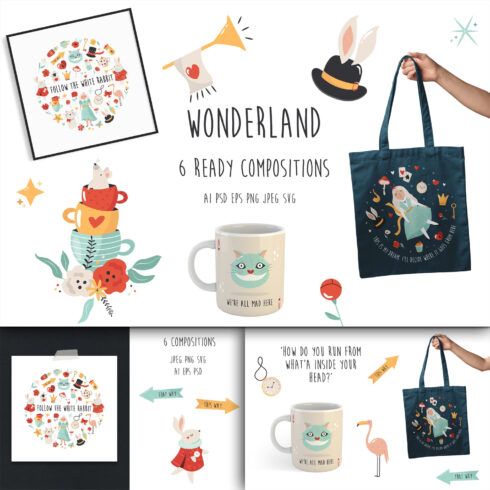 Prints of alice in wonderland colorful ilustrations.