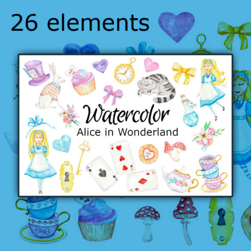 Prints of watercolor clipart alice in wonderland fairy tale.
