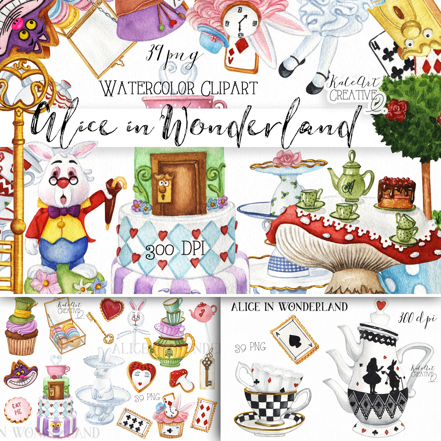 Prints of alice in wonderland sweets watercolor clipart.