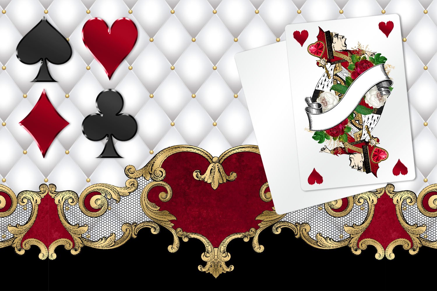 Different suits of cards and textures on the theme of the cartoon.