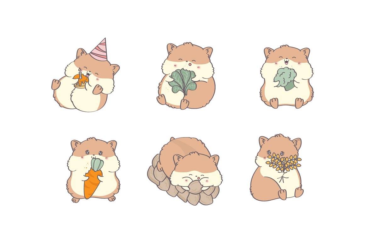 A row of hamsters in different poses.
