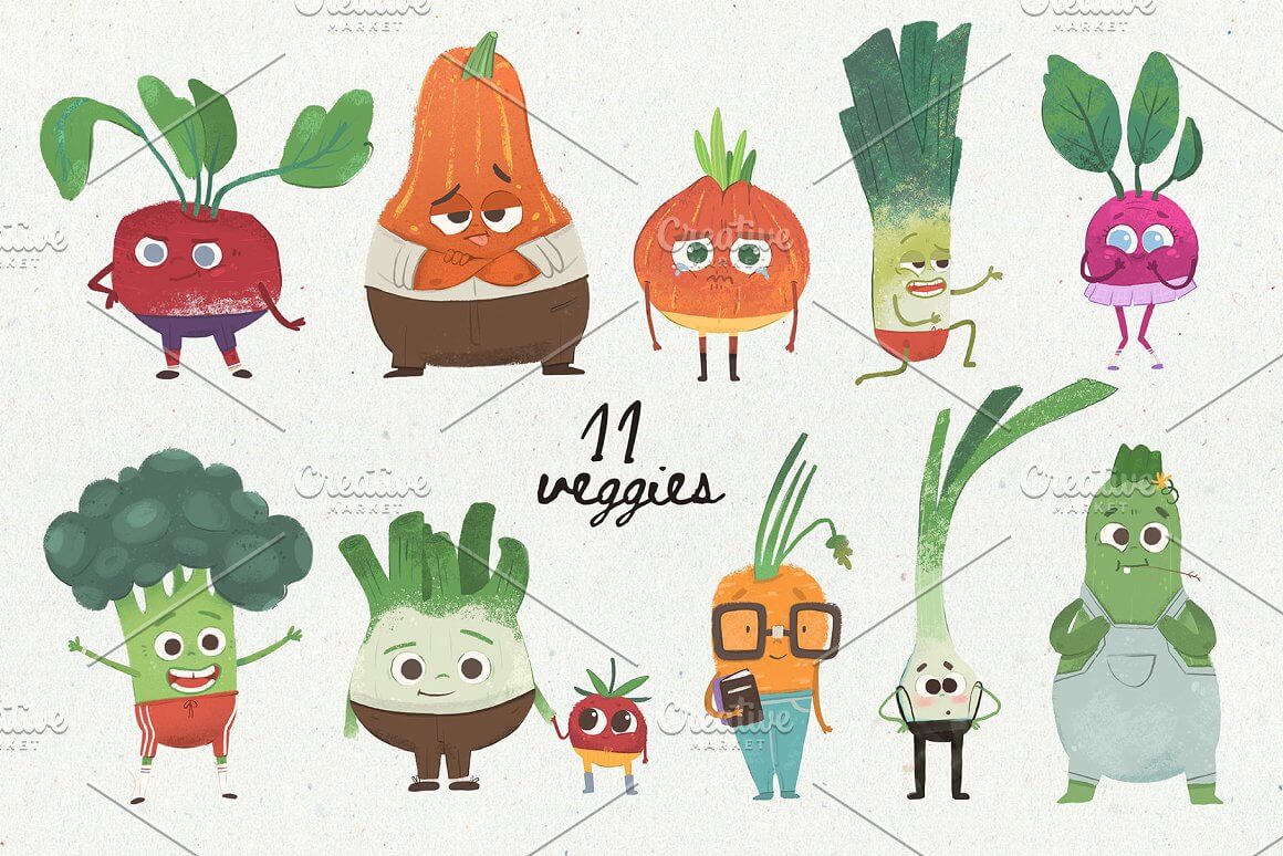 11 different vegetables drawn with faces.