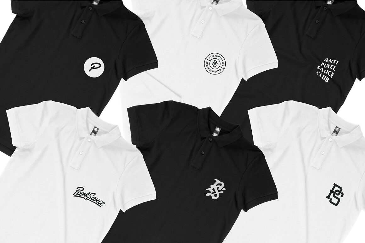 Black and white t-shirts with different emblems.
