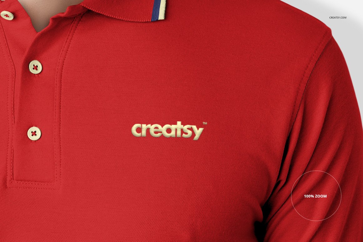 Red T-shirt with two stripes on the collar.