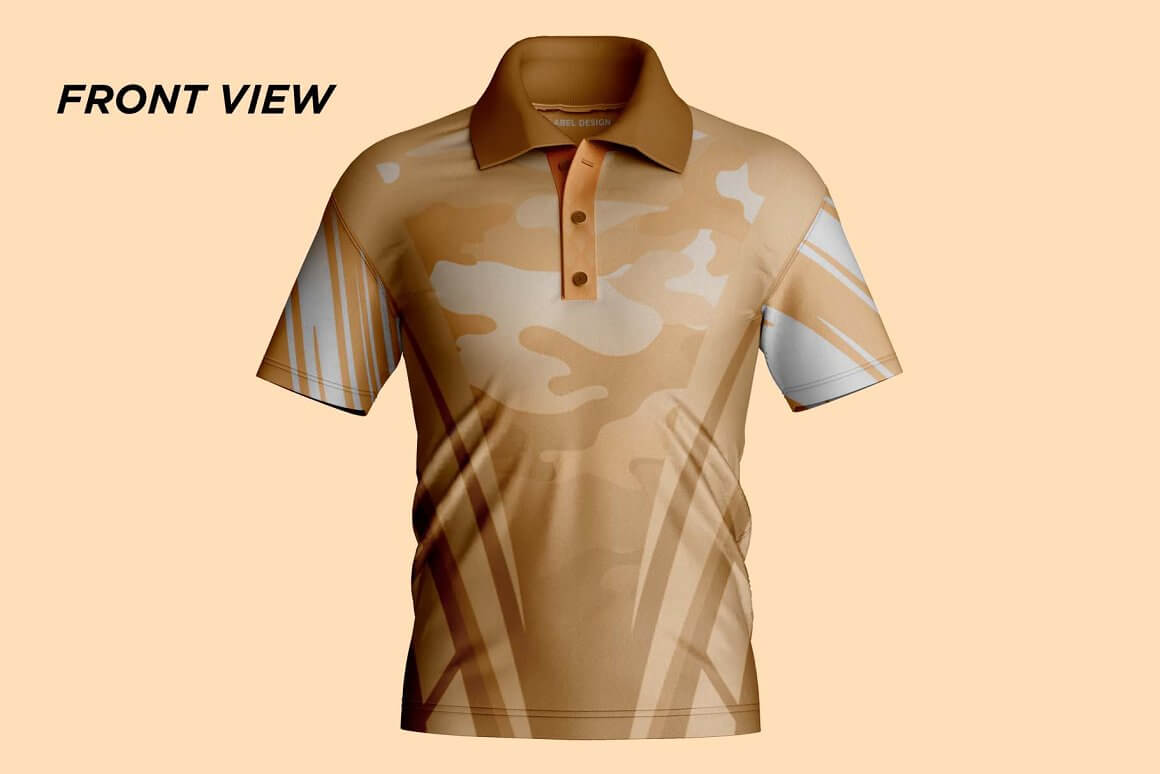 Beige polo shirt with a dark collar.