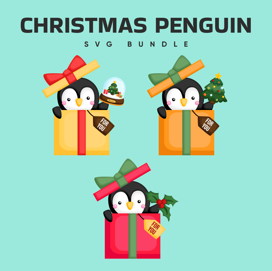 Penguin with a christmas present in a box.
