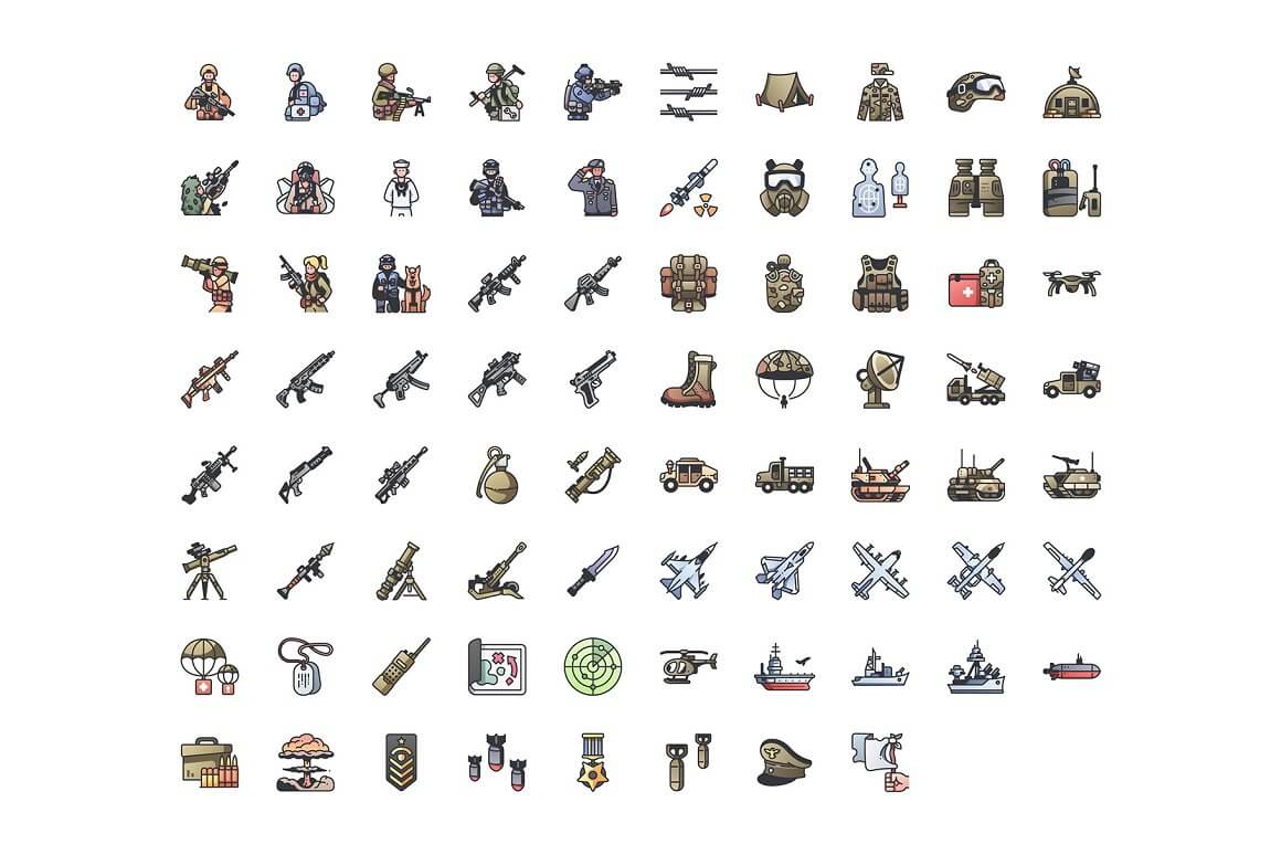 Icons with weapons, bullets, bombs and combat equipment.