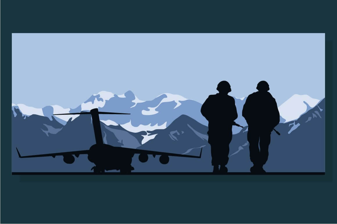 An illustration depicting snow-capped mountains on which a military plane landed.