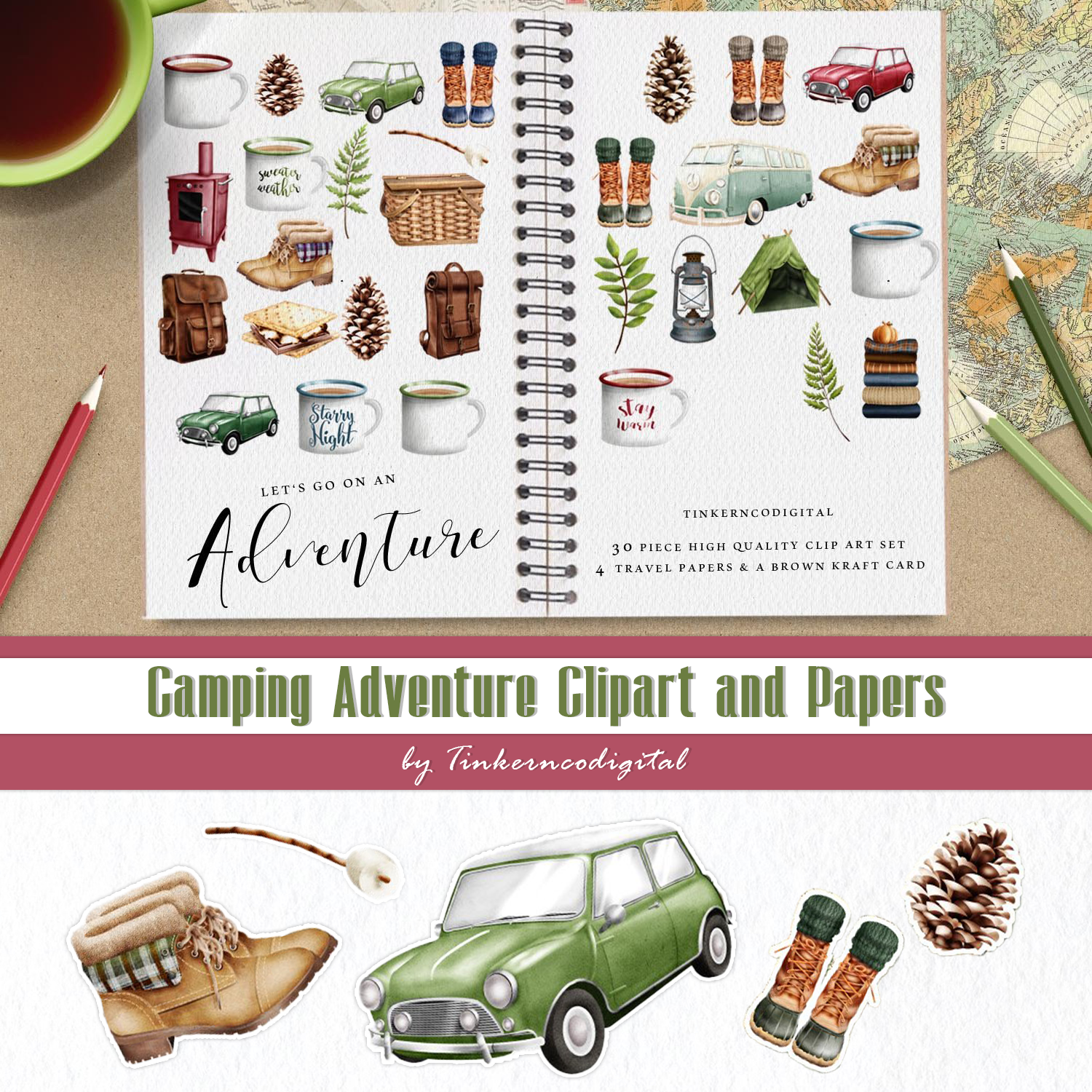 Preview camping adventure clipart and papers.