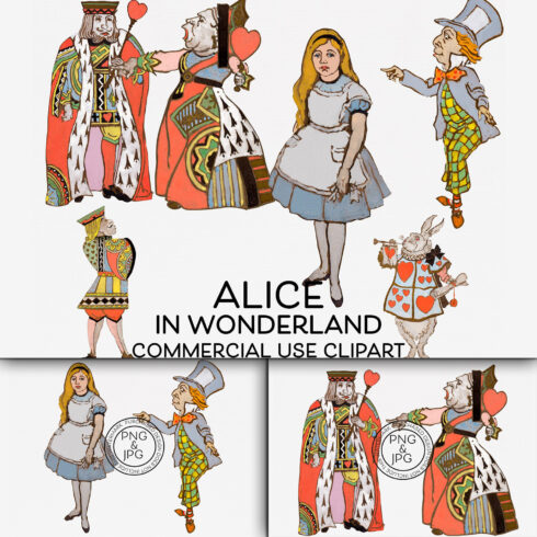 Priunts of alice in wonderland vintage clipart bundle.
