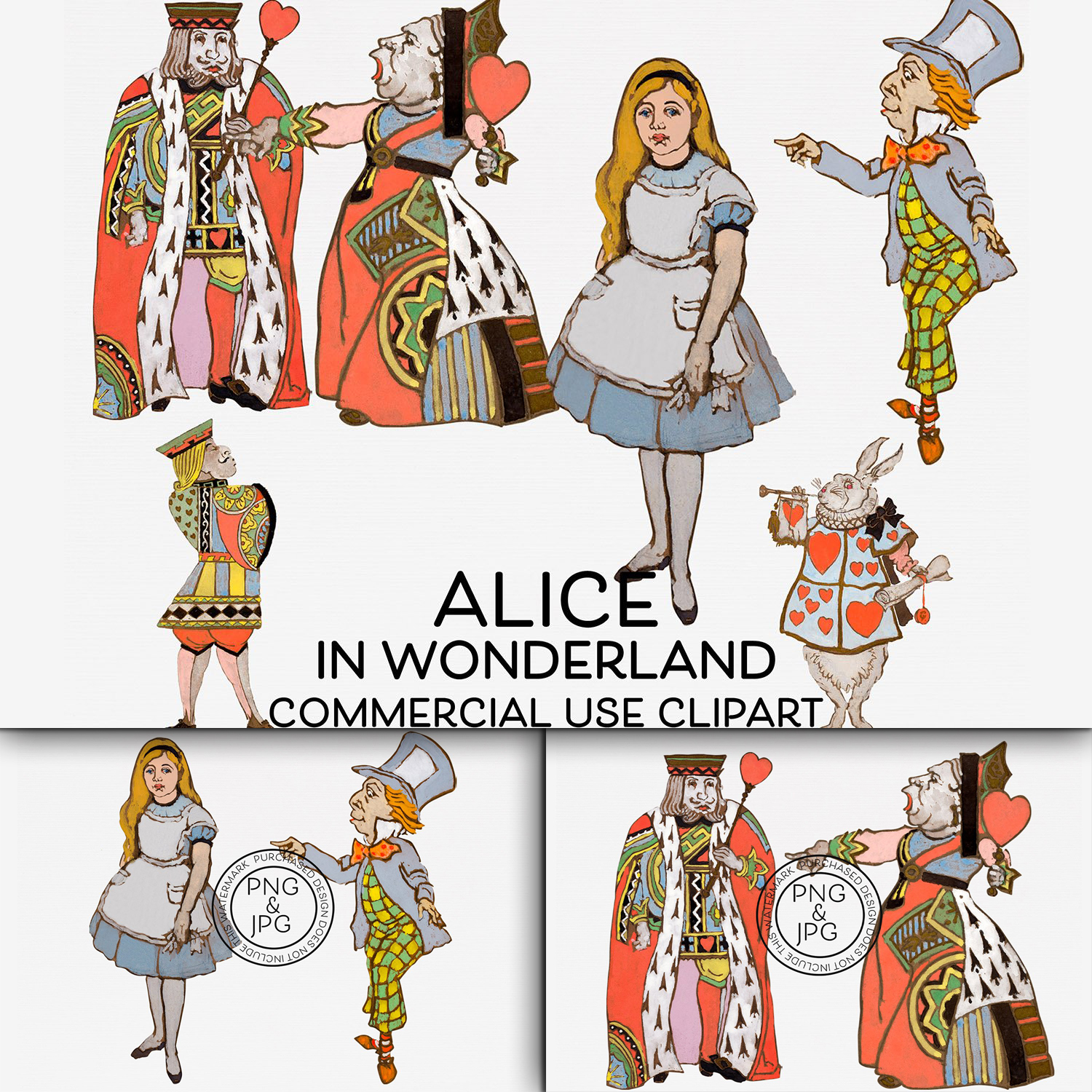 Priunts of alice in wonderland vintage clipart bundle.