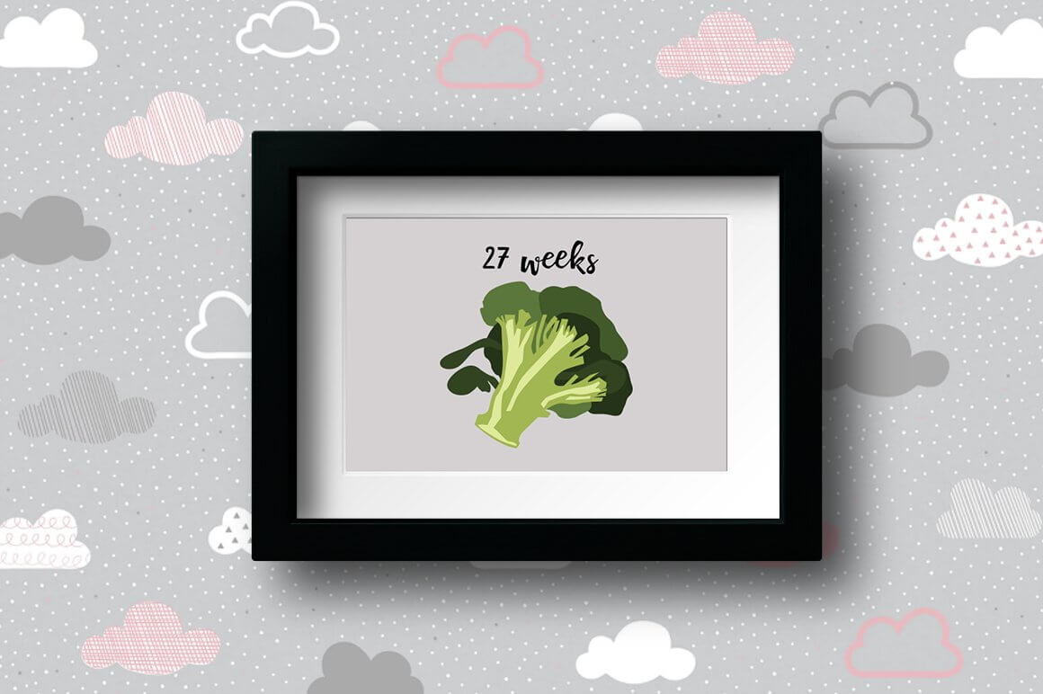 Green broccoli is drawn on the picture with a black frame.