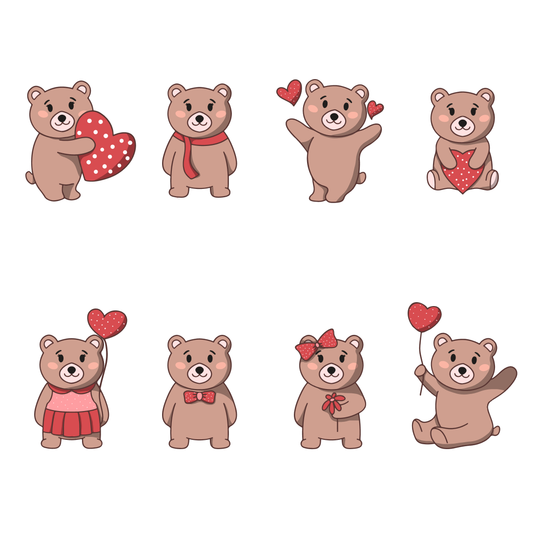 Group of teddy bears with hearts on their chests.
