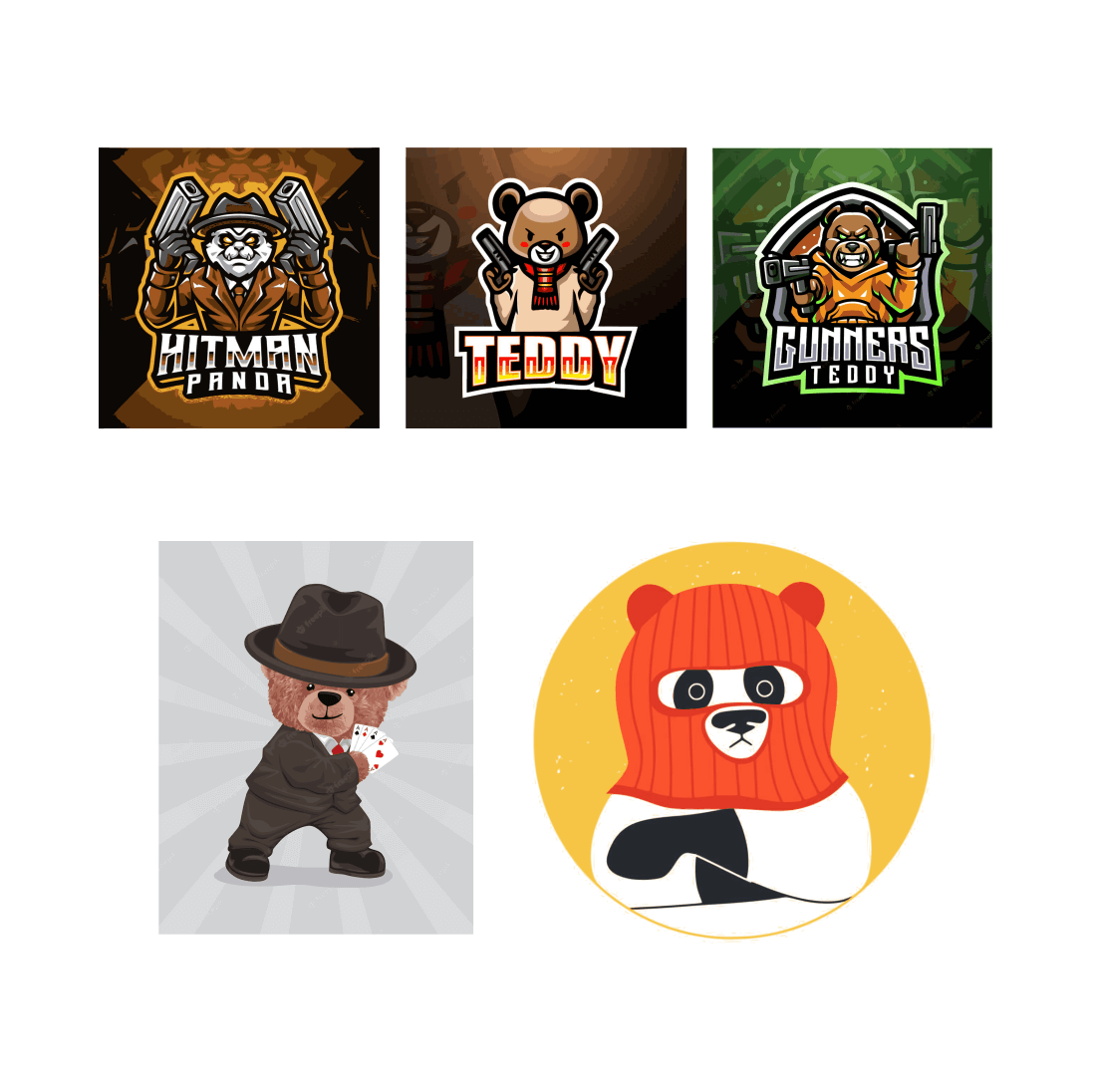 Group of logos with a bear wearing a hat.