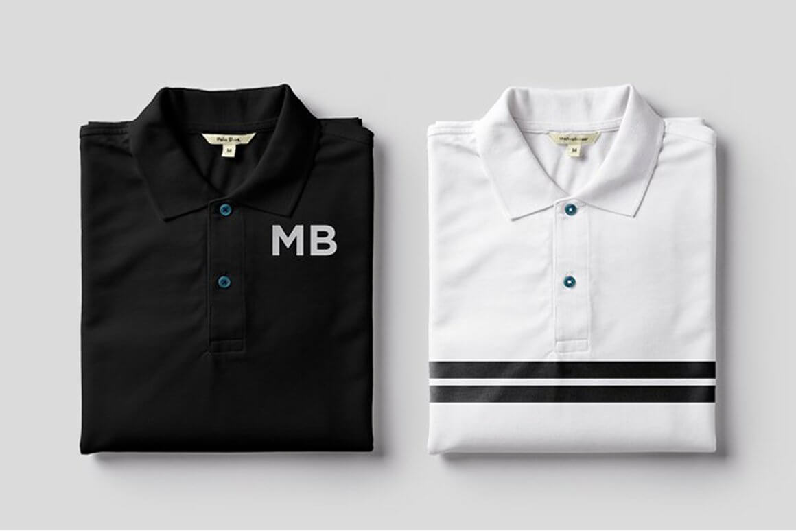 Black and white polo shirt with several buttons.