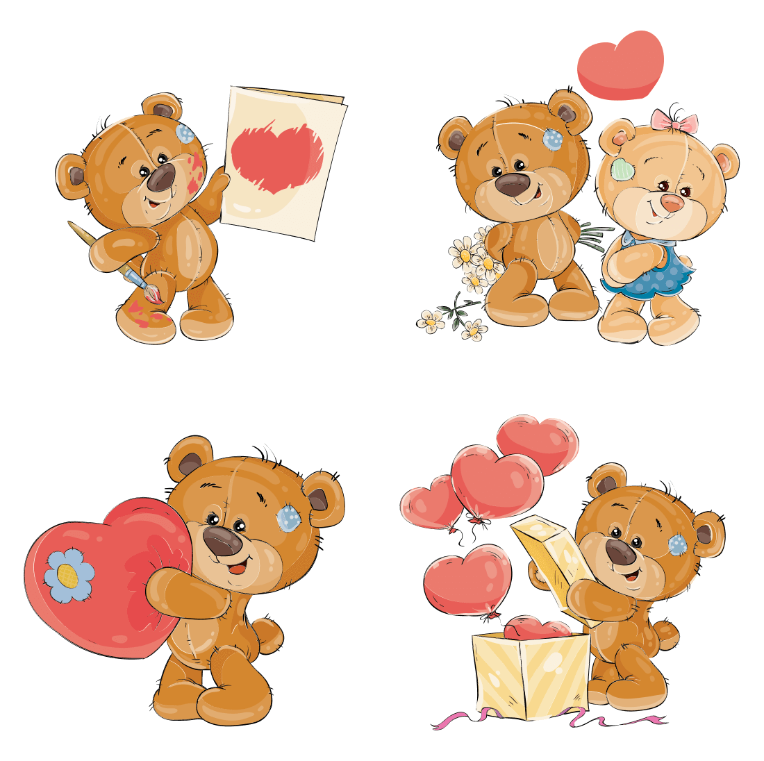 Set of four teddy bears holding hearts.