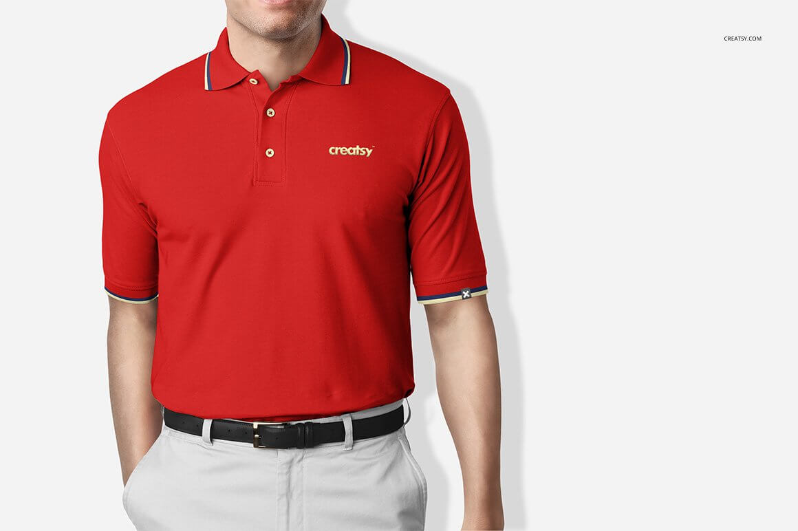 The male model is wearing a red polo shirt and light beige pants.