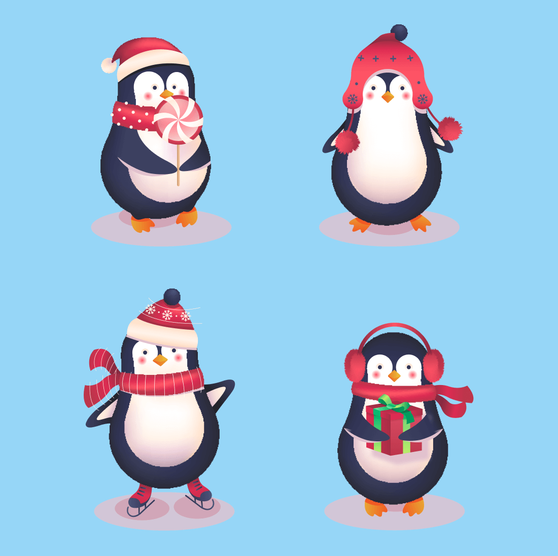 Group of penguins with hats and scarfs.
