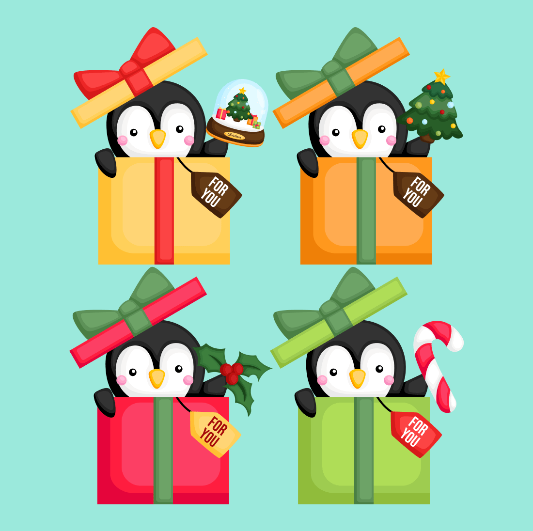 Penguin with a christmas present in a box.