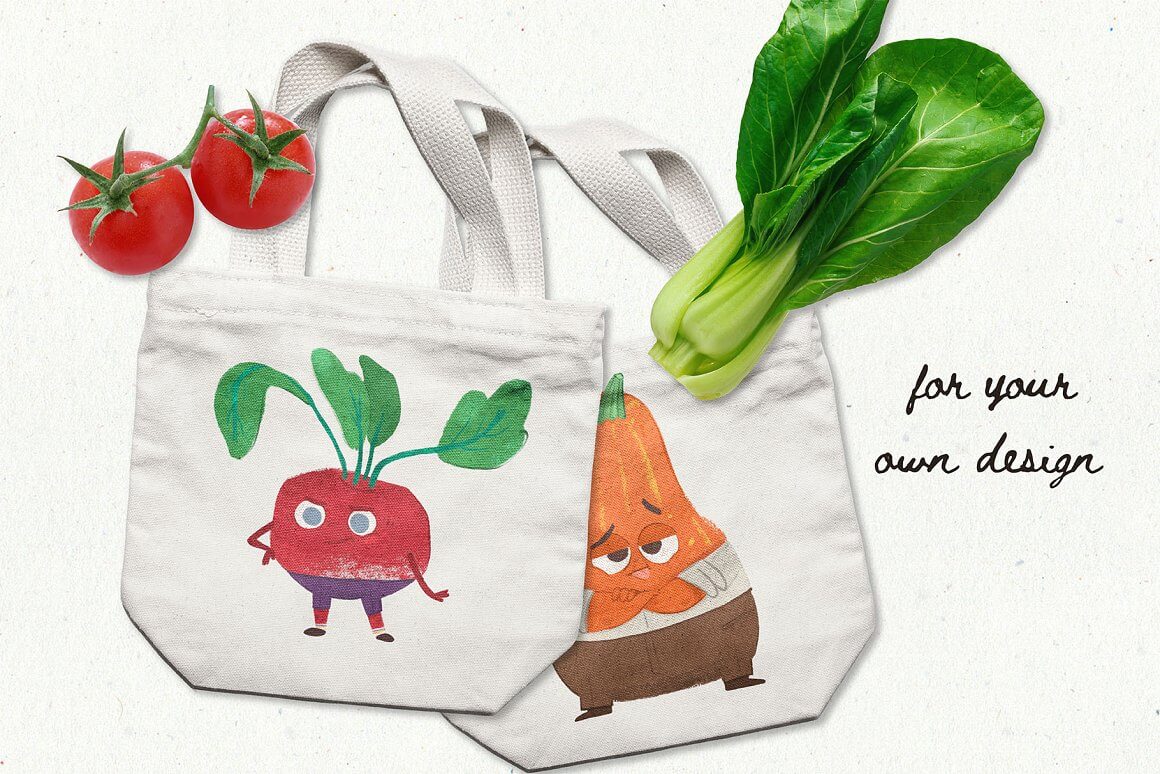 Two white fabric bags with painted vegetables: beetroot and pumpkin.