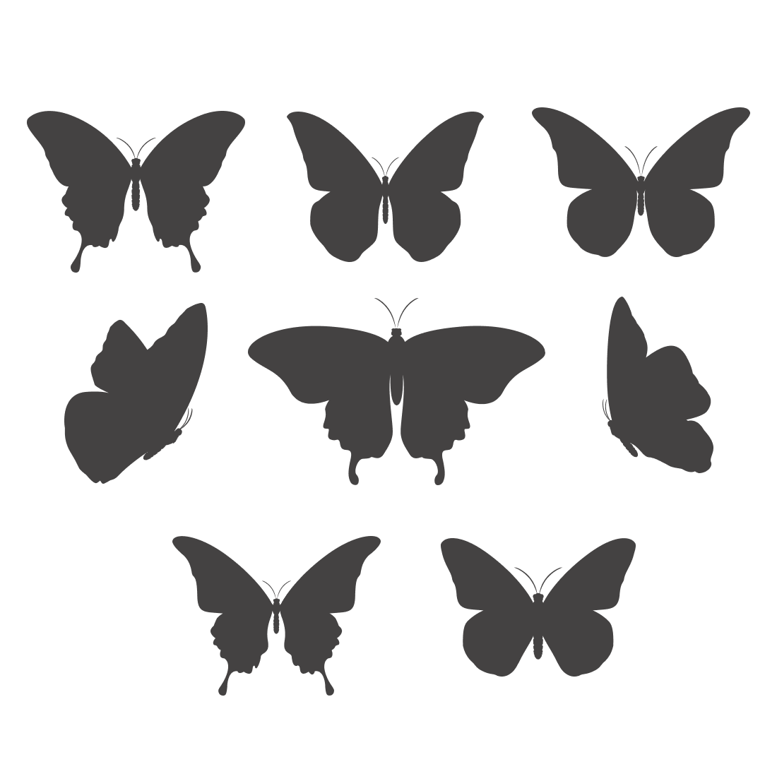 Set of butterflies silhouettes on a white background.