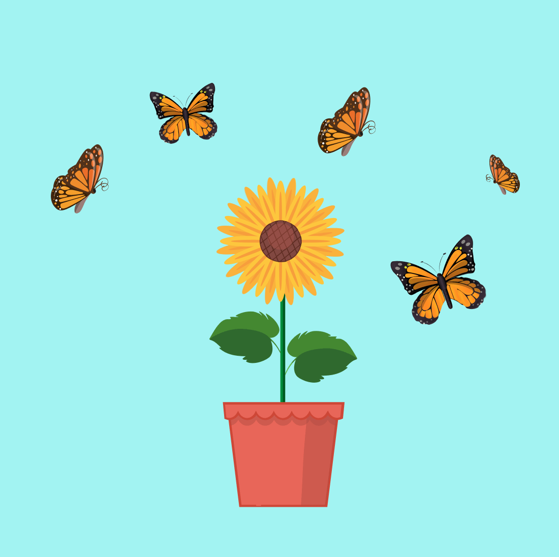 Sunflower in a flower pot surrounded by butterflies.