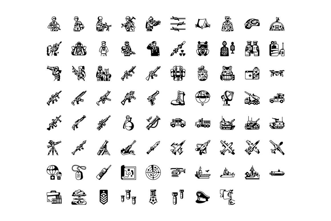 Black and white icons with the image of fighters, tanks and other military equipment.