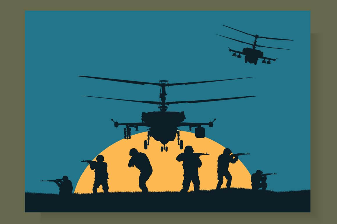 Image of sunrise and silhouettes of military infantrymen.