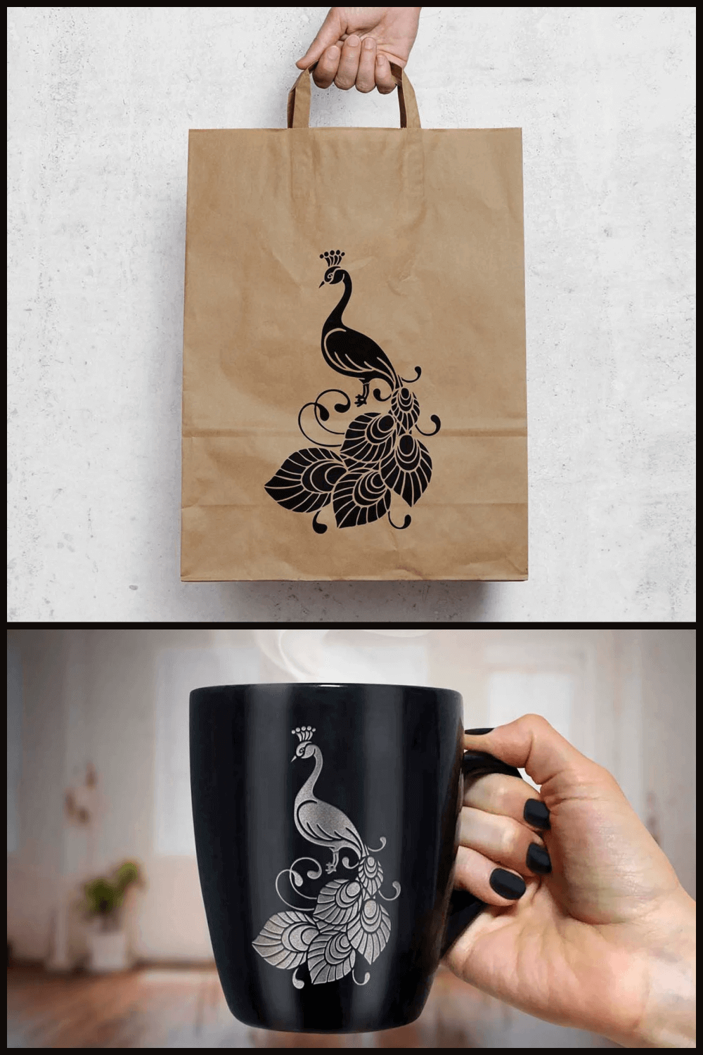 Person holding a coffee cup with a peacock on it.