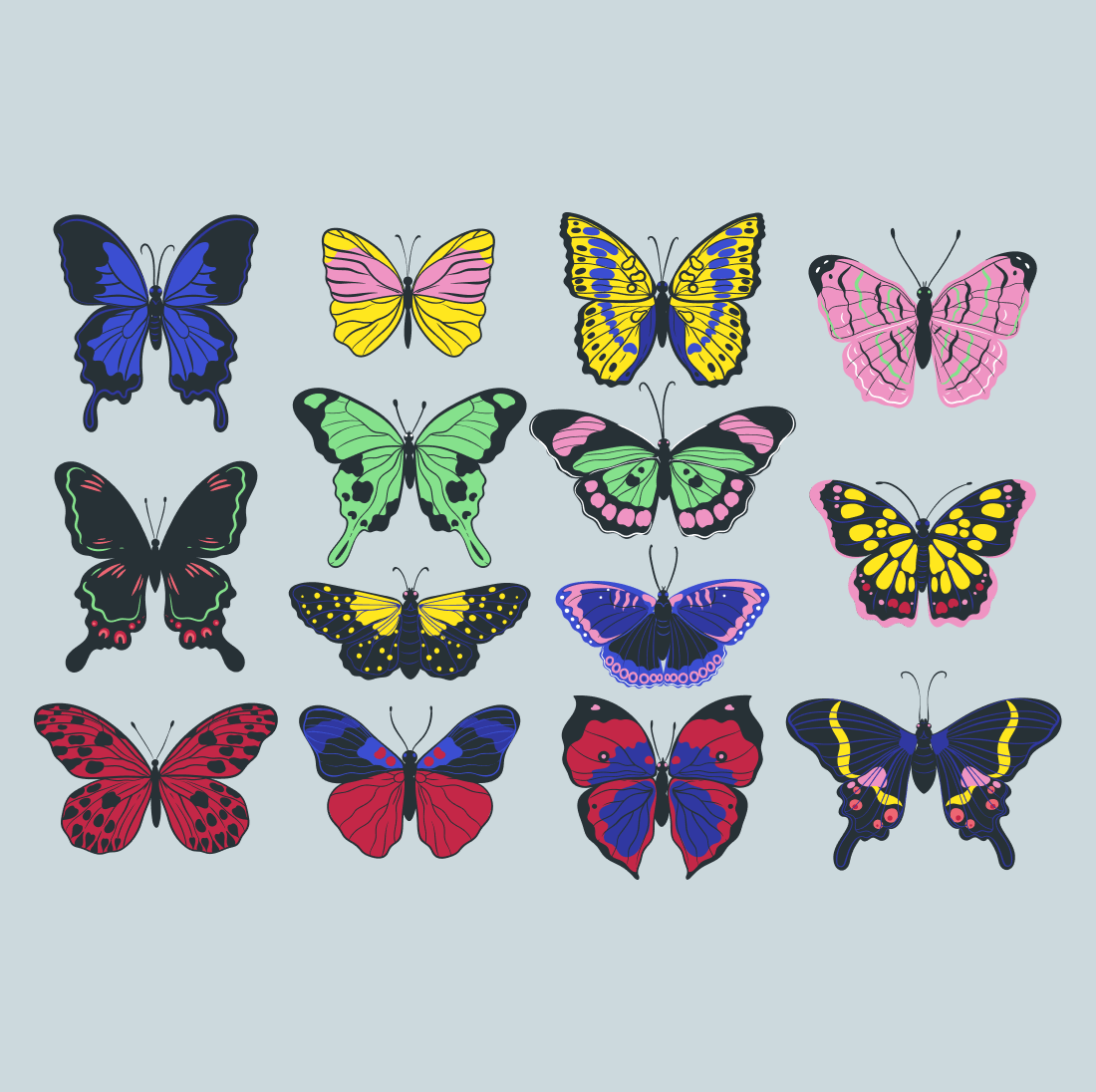 Group of colorful butterflies on a blue background.