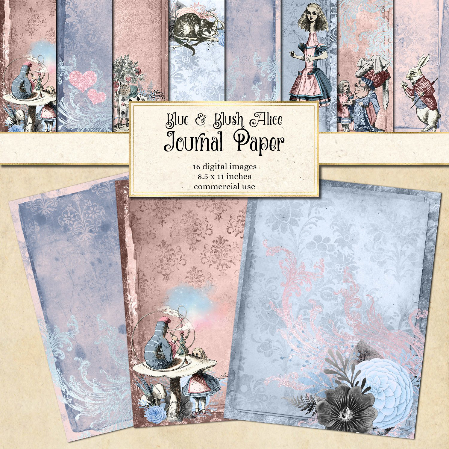 Prints of dusty blue and blush pink alice in wonderland jour.