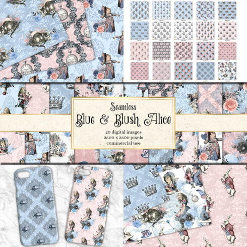 Prints of alice in wonderland blue and blush digital paper.