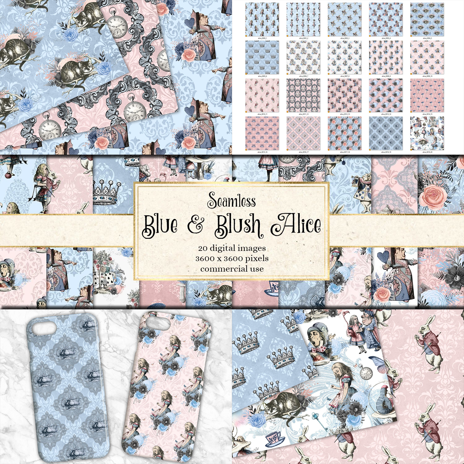 Prints of alice in wonderland blue and blush digital paper.