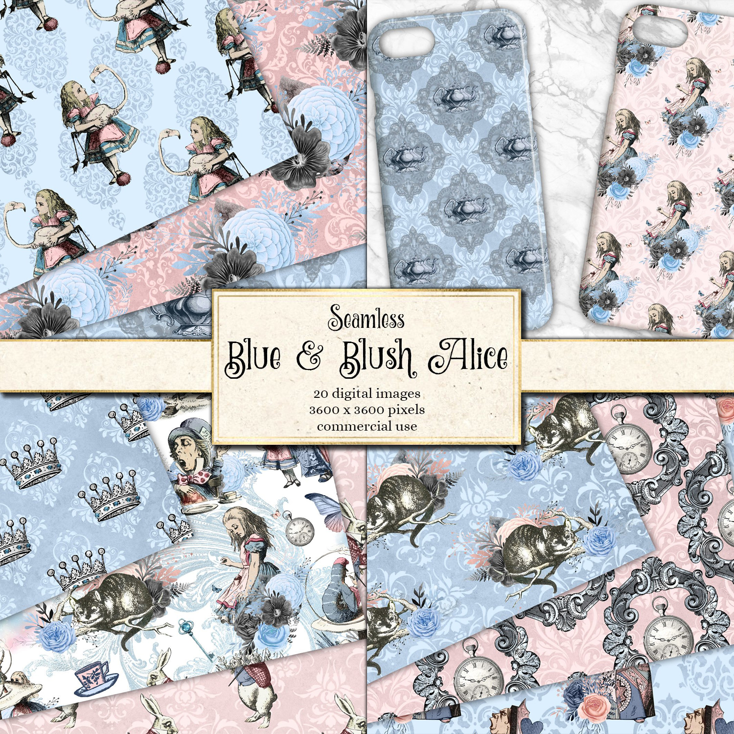Preview alice in wonderland blue and blush digital paper.