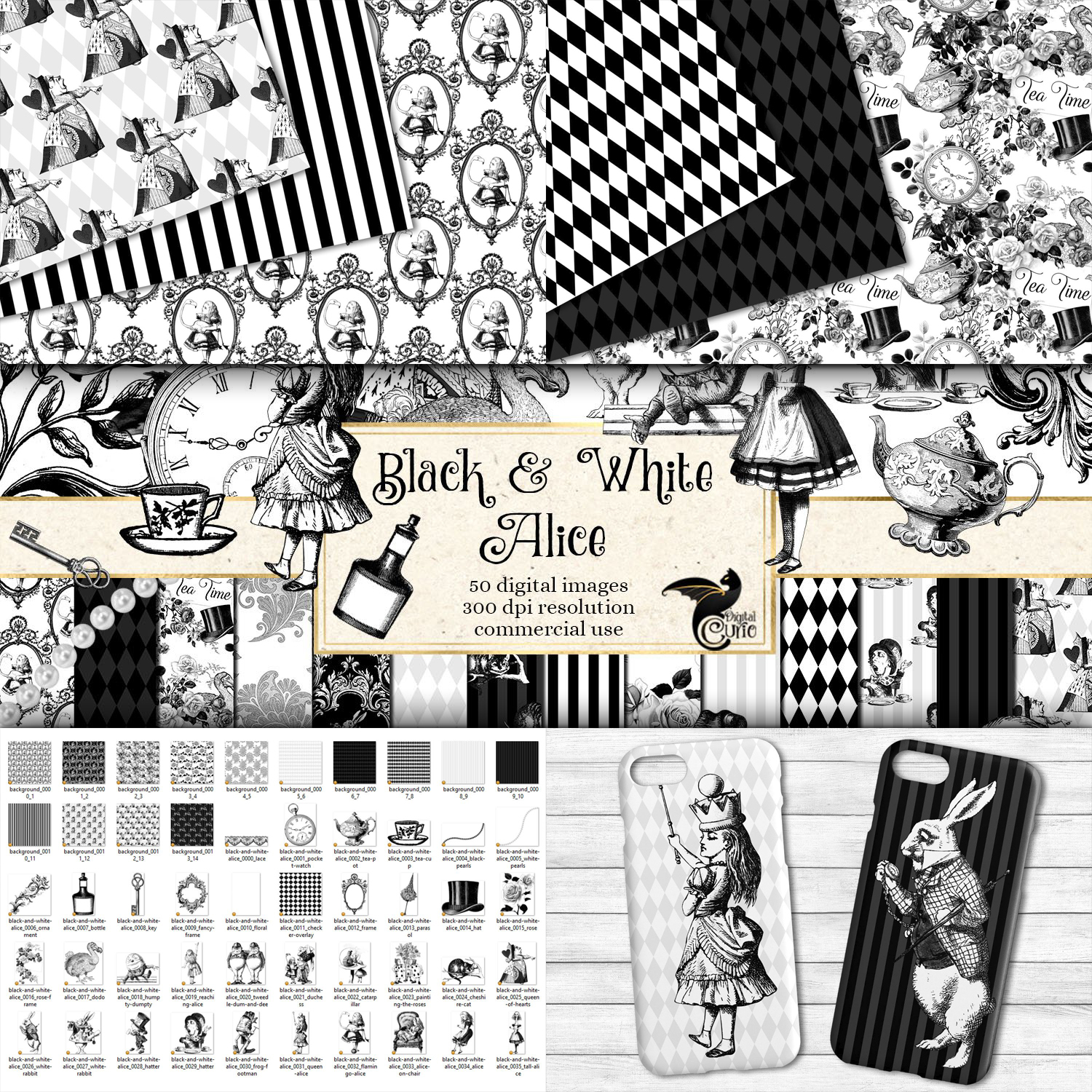 Preview black and white alice in wonderland graphics.