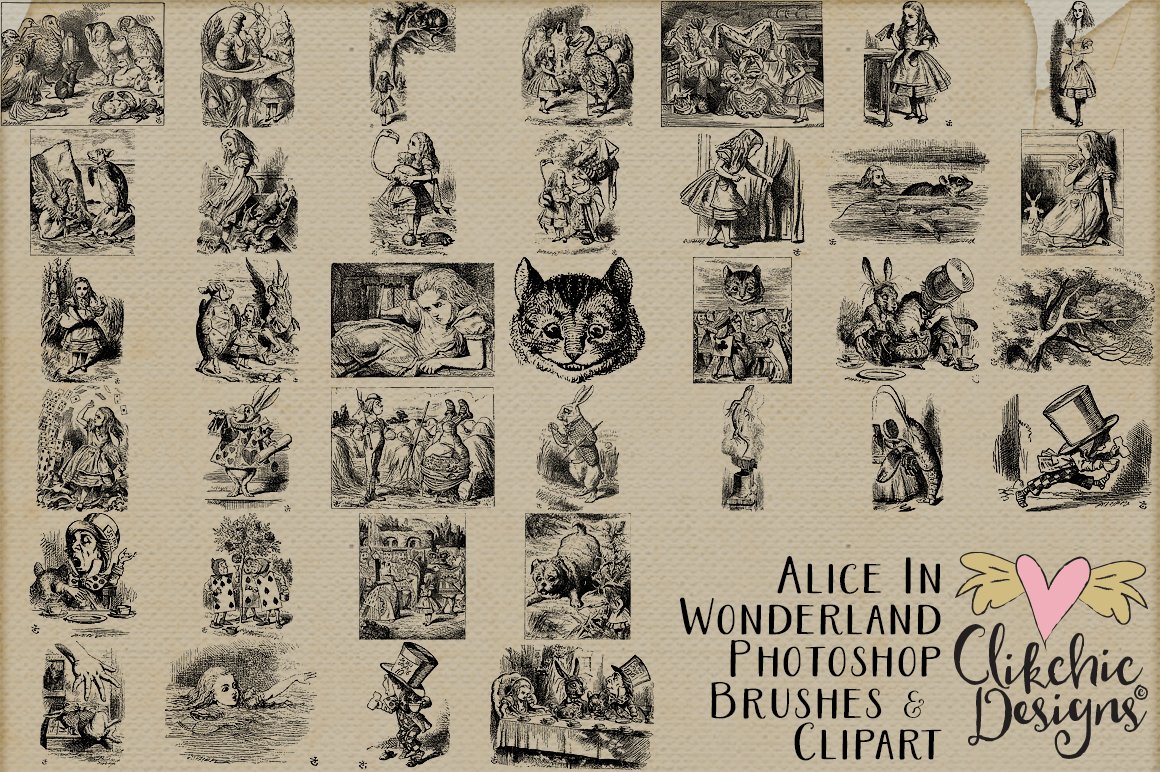 Various pictures on the theme of the fairy tale Alice in Wonderland.