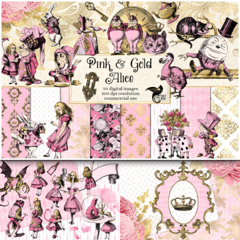 Prints of pink and gold alice in wonderland graphics.