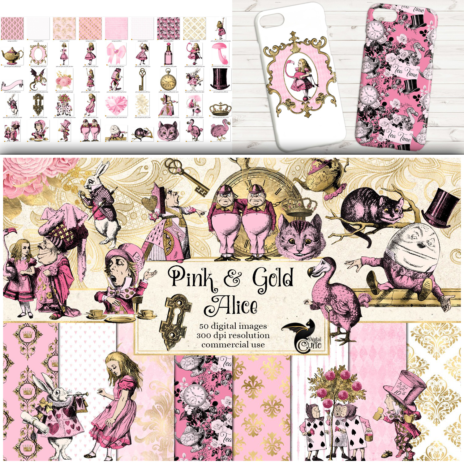 Preview pink and gold alice in wonderland graphics.