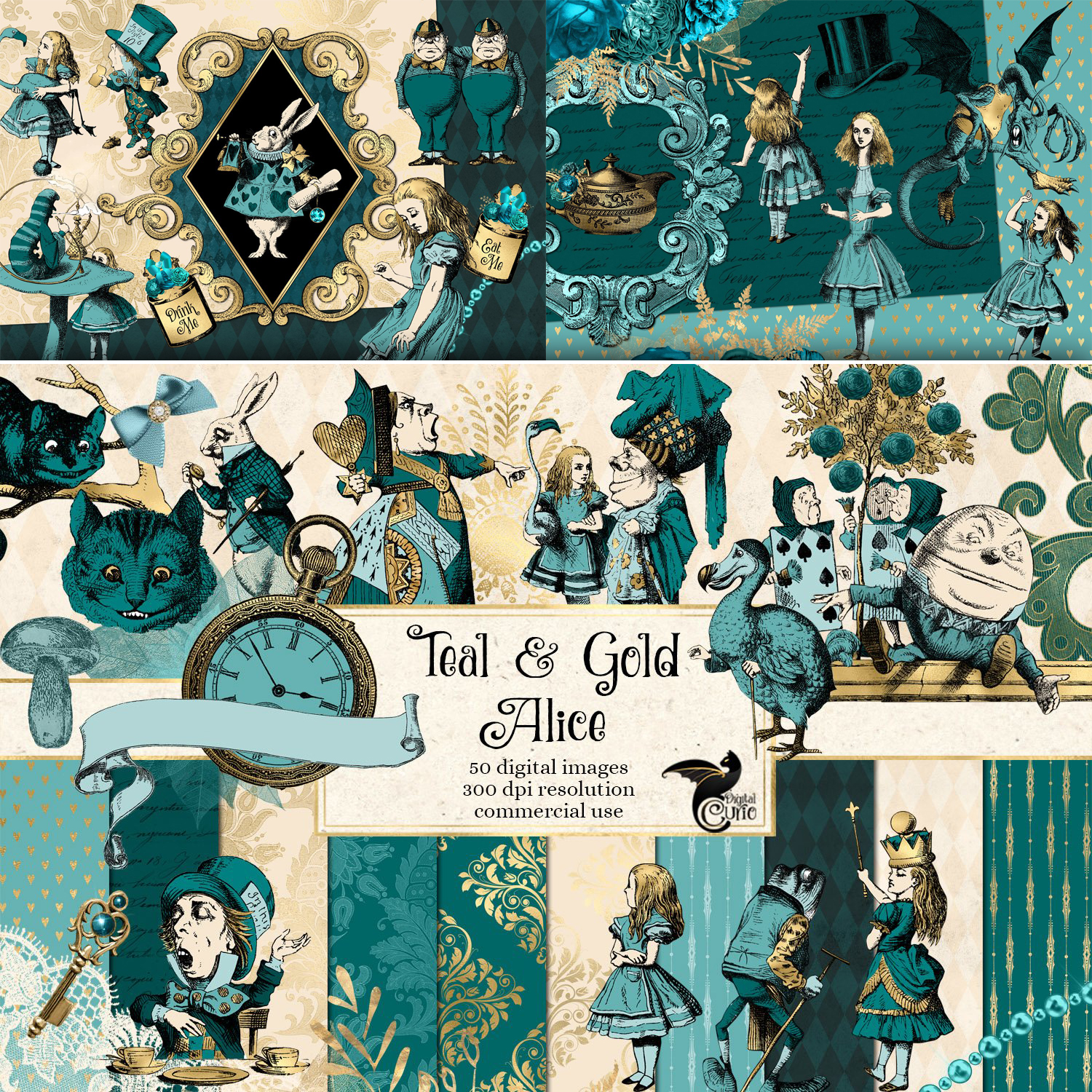 Prints of teal and gold alice in wonderland graphics.